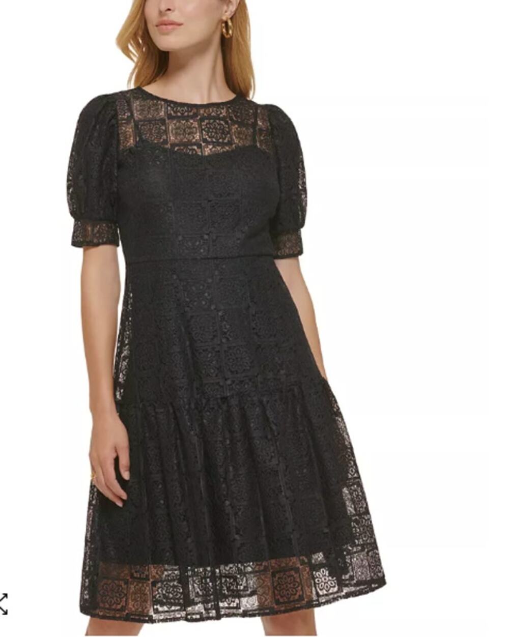 CALVIN KLEIN NWT Black Puff Sleeve Tiered Hem Lace  Dress // 8